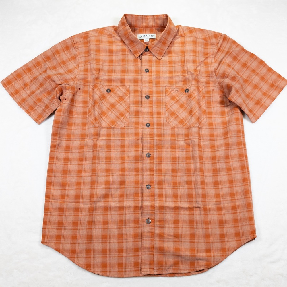 ORVIS Check Plaid Mens M Orange Short Sleeve Dual Utility Pocket Button Up Shirt